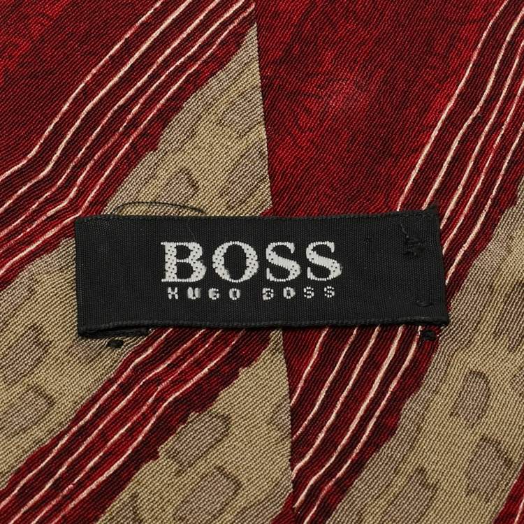 Pre Owned Boss By Hugo Boss Red/Beige Diagonal Print Silk Traditional Tie 