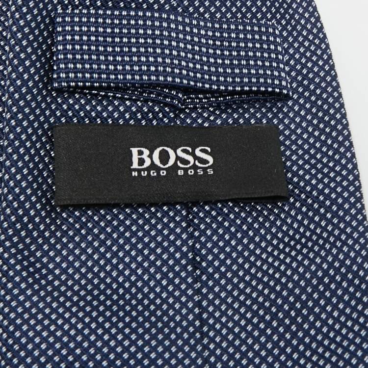Pre Owned Boss By Hugo Boss Navy Blue Patterned Silk Tie