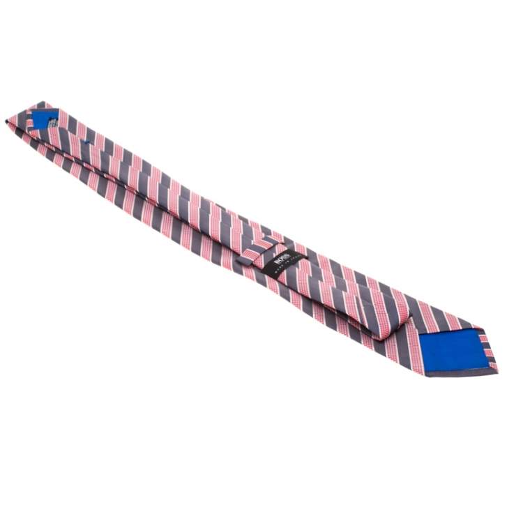 Pre Owned Boss by Hugo Boss Red and Grey Diagonal Striped Silk Jacquard Tie