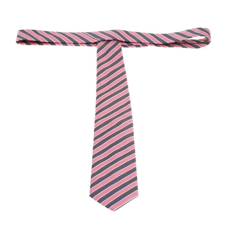 Pre Owned Boss by Hugo Boss Red and Grey Diagonal Striped Silk Jacquard Tie