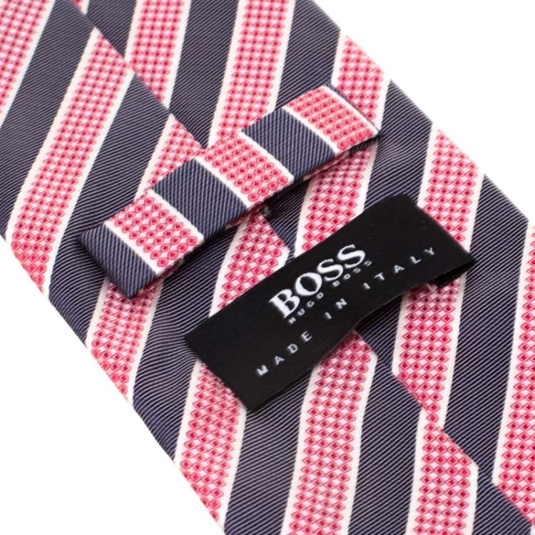 Pre Owned Boss by Hugo Boss Red and Grey Diagonal Striped Silk Jacquard Tie