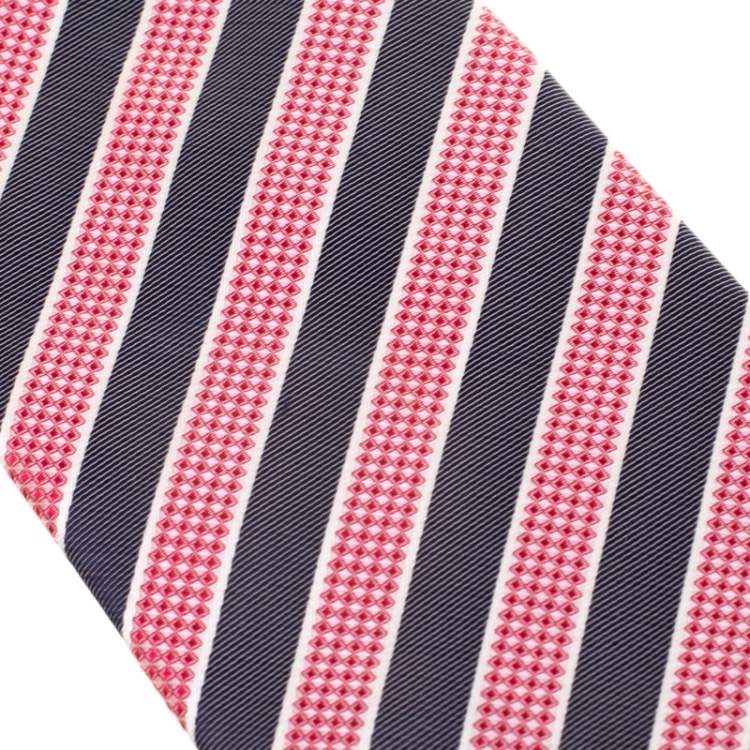 Pre Owned Boss by Hugo Boss Red and Grey Diagonal Striped Silk Jacquard Tie