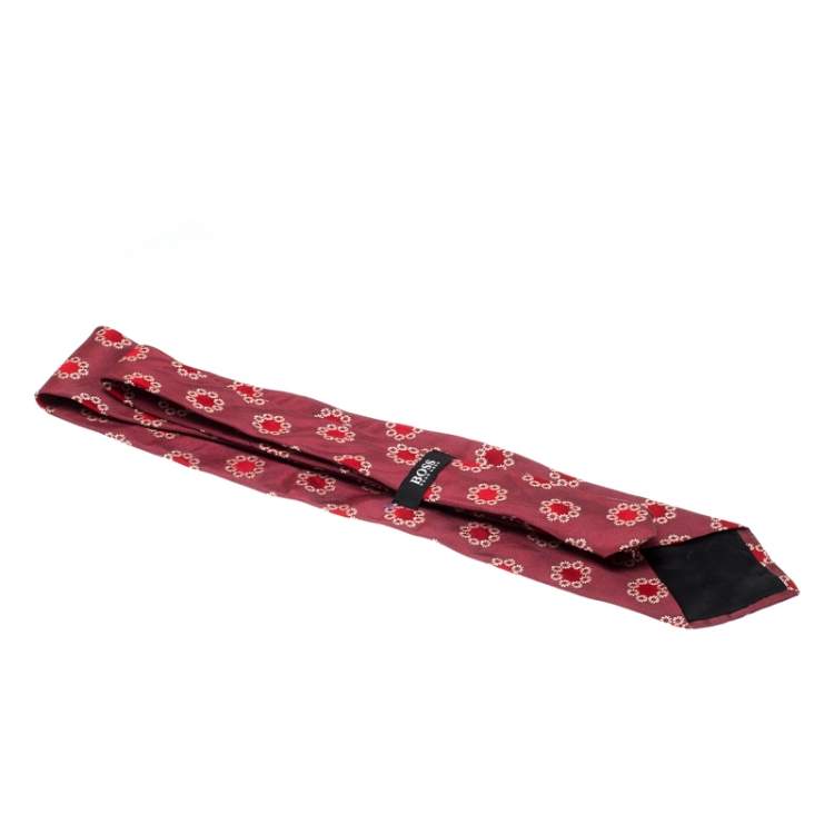مملوكة مسبقًا Boss By Hugo Boss Mauve Pink and Red Floral Embroidered Silk Jacquard Tie