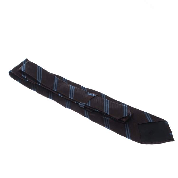 Pre Owned Boss By Hugo Boss Brown & Blue Diagonal Stripes Silk Jacquard Traditional Tie