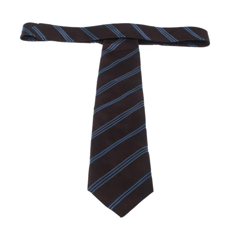 Pre Owned Boss By Hugo Boss Brown & Blue Diagonal Stripes Silk Jacquard Traditional Tie