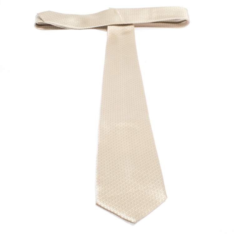 Pre Owned Boss By Hugo Boss Cream Check Pattern Jacquard Silk Tie 