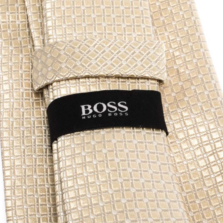 Pre Owned Boss By Hugo Boss Cream Check Pattern Jacquard Silk Tie 
