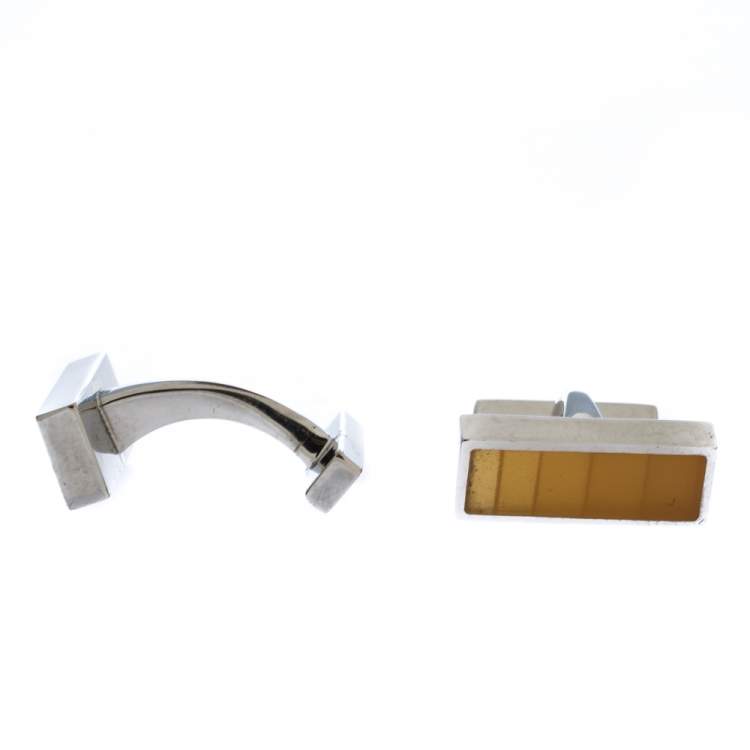 Pre Owned Boss By Hugo Boss Yellow Enamel Silver Tone Rectangular Cufflinks