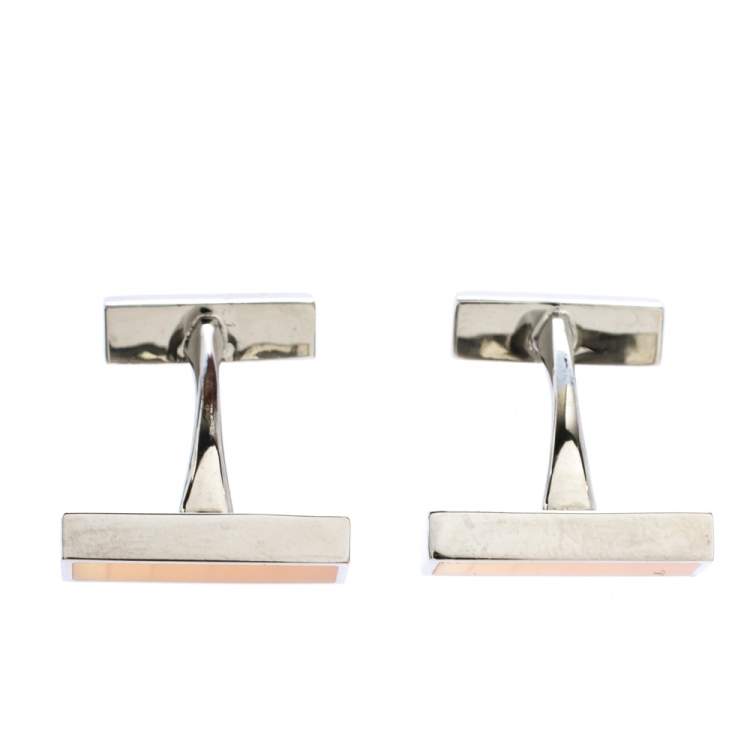 Pre Owned Boss By Hugo Boss Yellow Enamel Silver Tone Rectangular Cufflinks