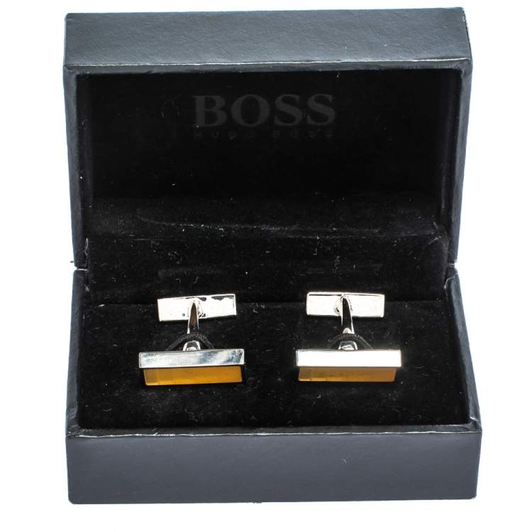 Pre Owned Boss By Hugo Boss Yellow Enamel Silver Tone Rectangular Cufflinks