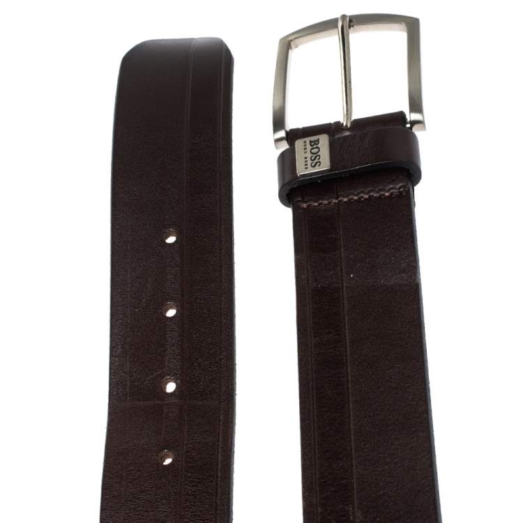 Pre Owned Hugo Boss Brown Leather Buckle Belt 95CM