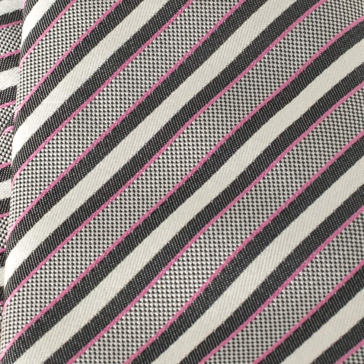 Pre Owned Boss By Hugo Boss White Diagonal Striped Silk Tie