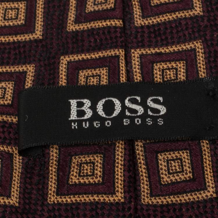 Pre Owned Boss By Hugo Boss Burgundy Square Patterned Silk Jacquard Traditional Tie