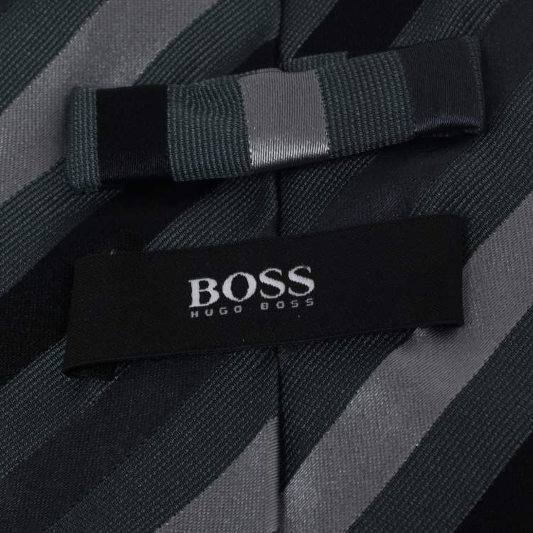 Pre Owned Boss By Hugo Boss Dark Grey Diagonal Striped Silk Tie