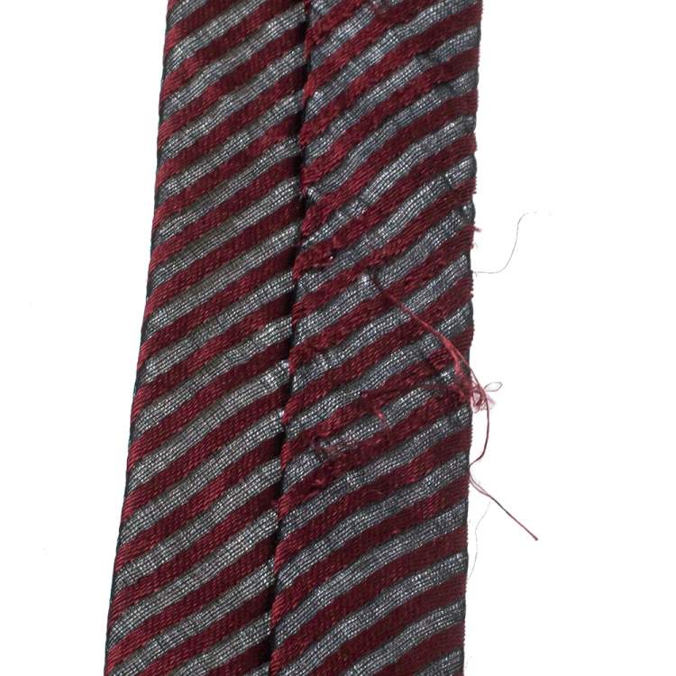 Pre Owned Boss By Hugo Boss Burgundy Striped Silk Jacquard Tie