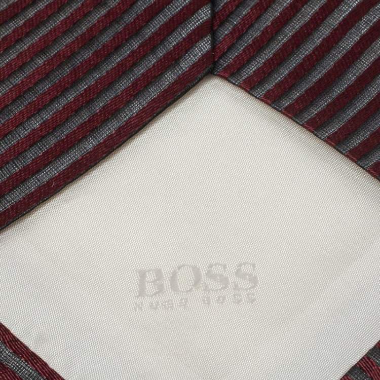 Pre Owned Boss By Hugo Boss Burgundy Striped Silk Jacquard Tie