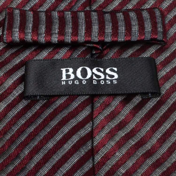 Pre Owned Boss By Hugo Boss Burgundy Striped Silk Jacquard Tie