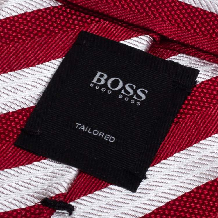 Pre Owned Boss by Hugo Boss Red and Silver Jacquard Stripe Silk Tie