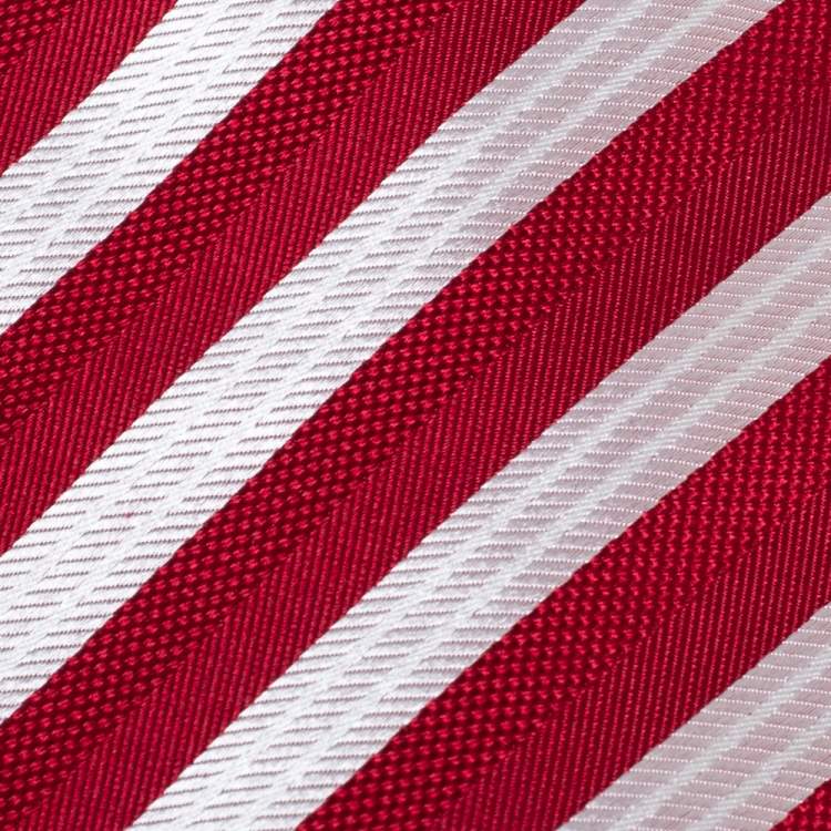 Pre Owned Boss by Hugo Boss Red and Silver Jacquard Stripe Silk Tie