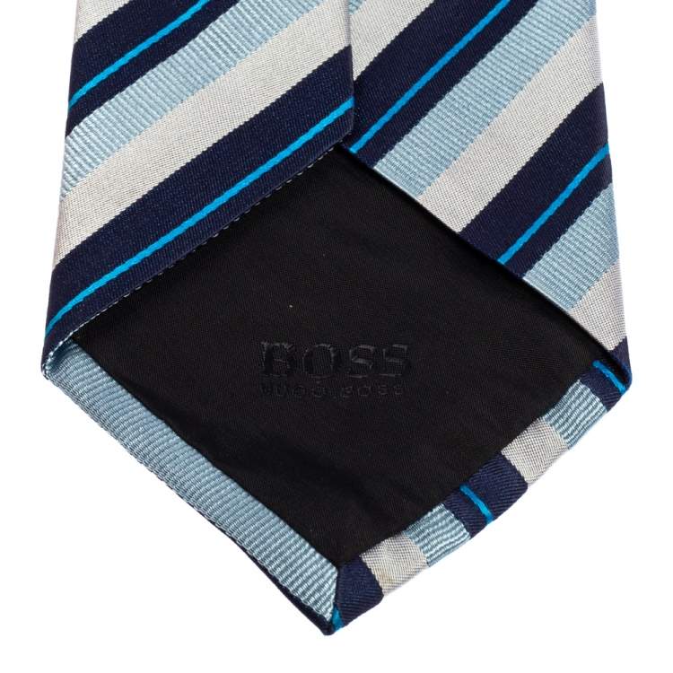 Pre Owned Boss By Hugo Boss Blue Diagonal Striped Silk Traditional Tie 