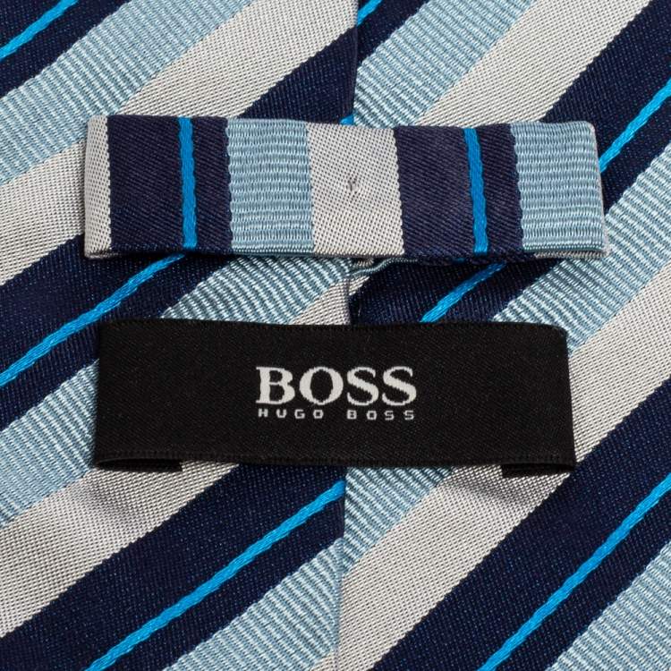 Pre Owned Boss By Hugo Boss Blue Diagonal Striped Silk Traditional Tie 