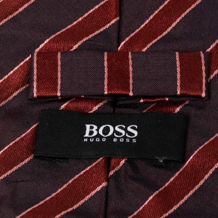 Pre Owned Boss By Hugo Boss Brown & Orange Striped Silk Tie