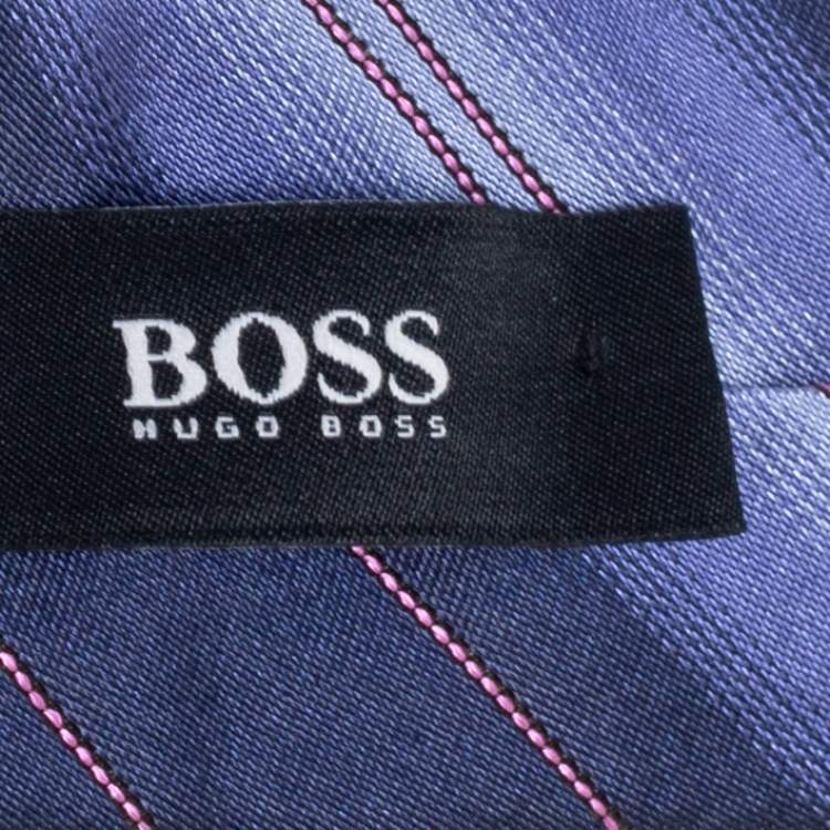 Pre Owned Boss By Hugo Boss Navy Blue Striped Silk Narrow Tie