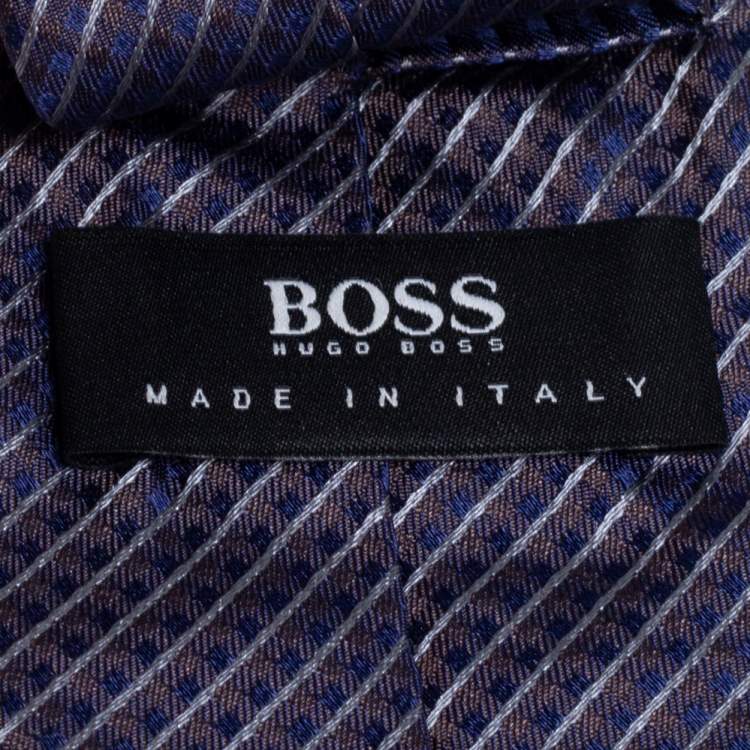 Pre Owned Boss By Hugo Boss Navy Blue Striped Silk Narrow Tie