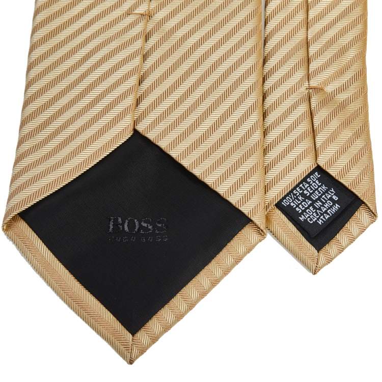 Pre Owned Boss By Hugo Boss Gold Striped Silk Jacquard Tie
