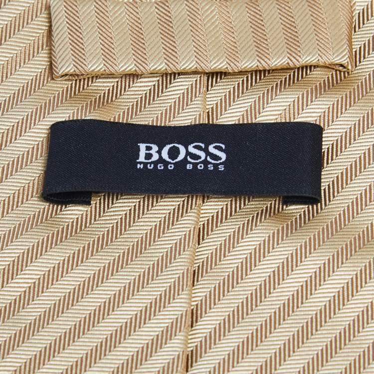 Pre Owned Boss By Hugo Boss Gold Striped Silk Jacquard Tie