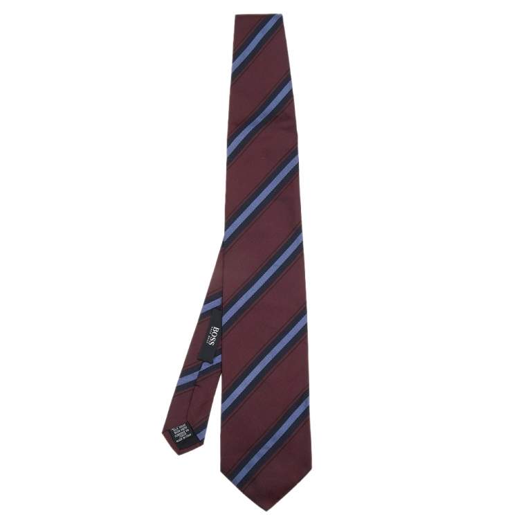 Pre Owned Boss By Hugo Boss Burgundy Striped Silk Tie