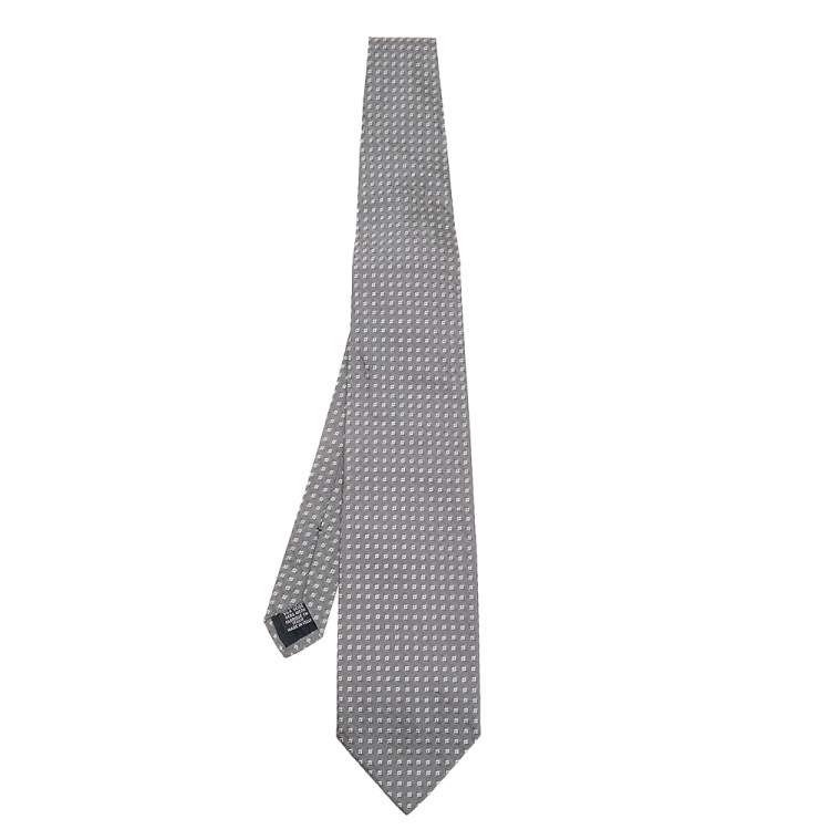 Pre Owned Boss By Hugo Boss Grey Square Patterned Silk Jacquard Tie