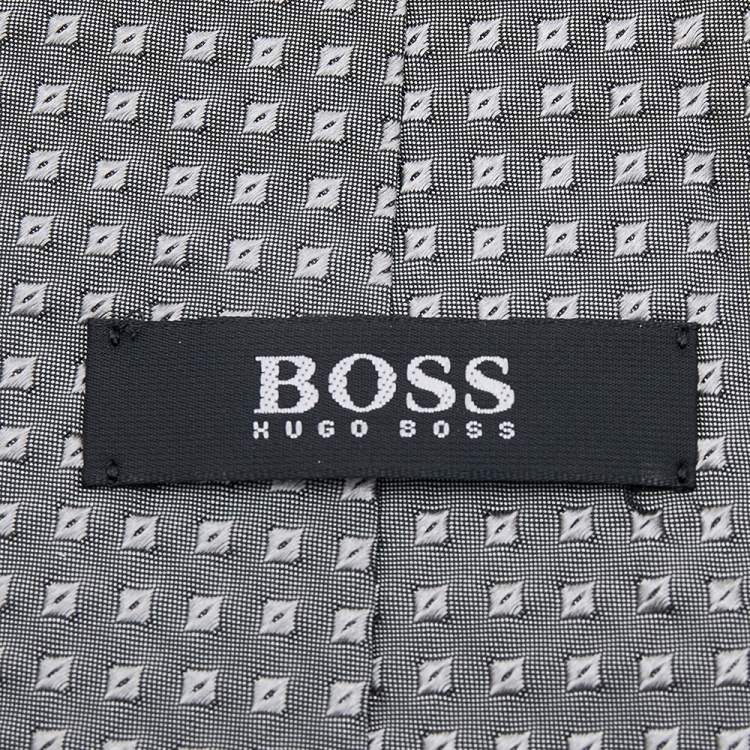 Pre Owned Boss By Hugo Boss Grey Square Patterned Silk Jacquard Tie