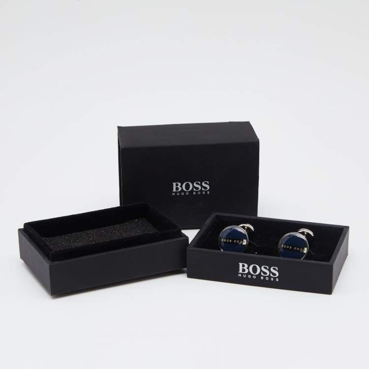 Pre Owned Boss By Hugo Boss Dark Blue Enamel Norberto Round Cufflinks
