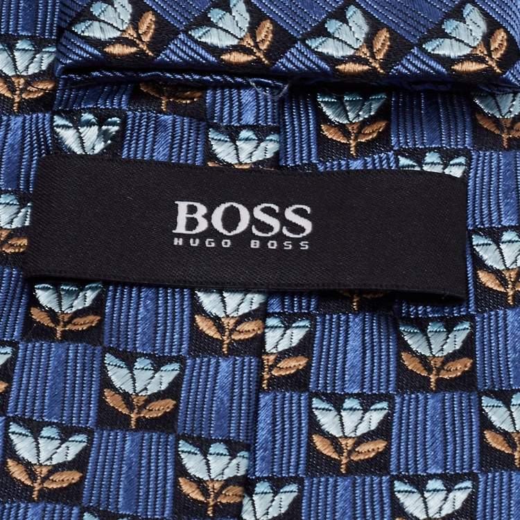 Pre Owned Boss By Hugo Boss Blue Floral Motif Jacquard Silk Tie
