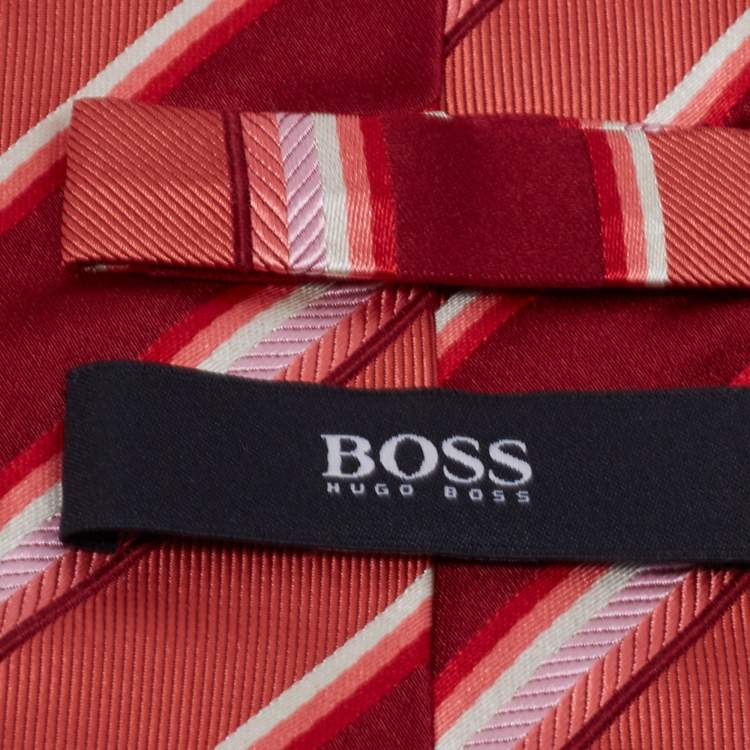 Pre Owned Boss By Hugo Boss Red & Coral Striped Silk Tie