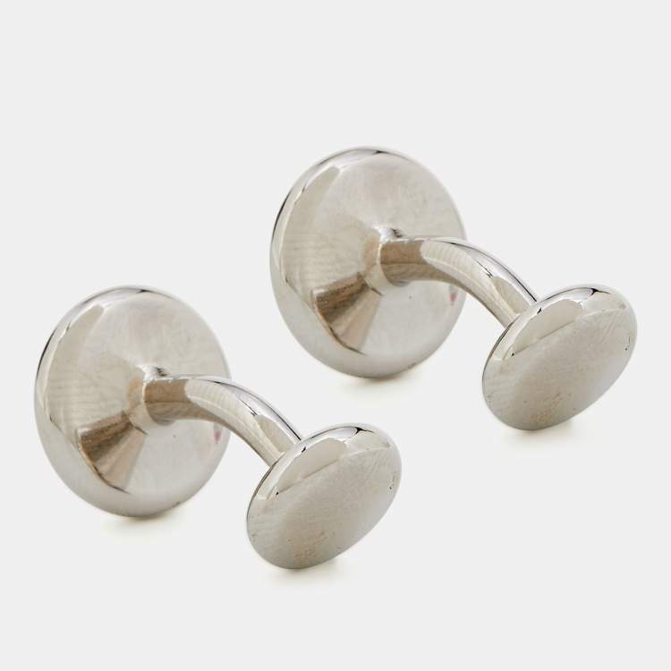 Pre Owned Boss By Hugo Boss Silver Tone Enamel Tobin Round Cufflinks