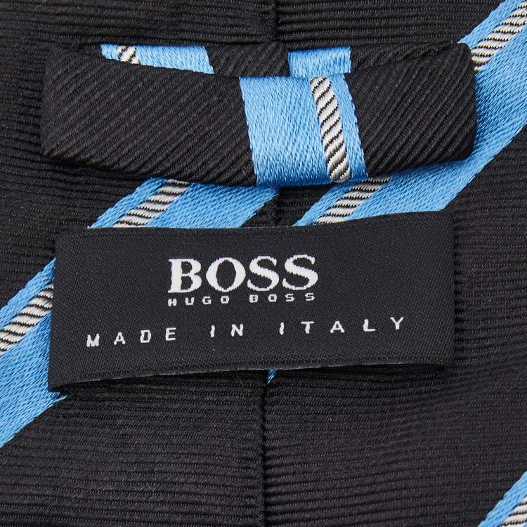 Pre Owned Boss By Hugo Boss Black & Blue Striped Silk Jacquard Tie