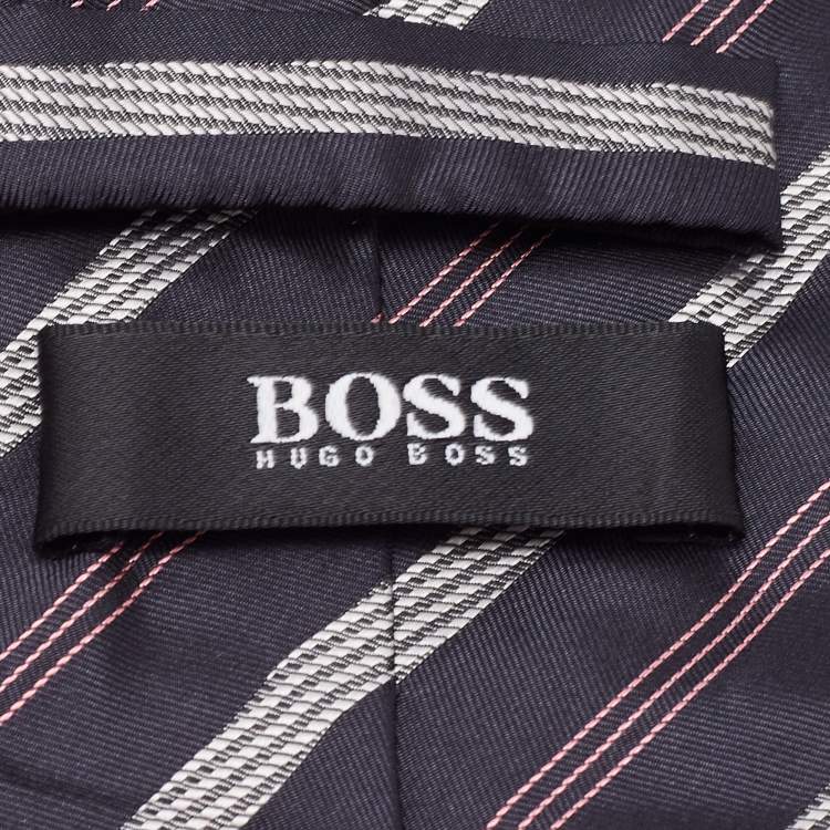 Pre Owned Boss By Hugo Boss Navy Blue Diagonal Striped Silk Tie