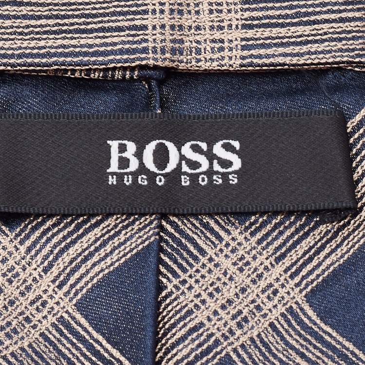 Pre Owned Boss By Hugo Boss Navy Blue Checked Silk Satin Tie