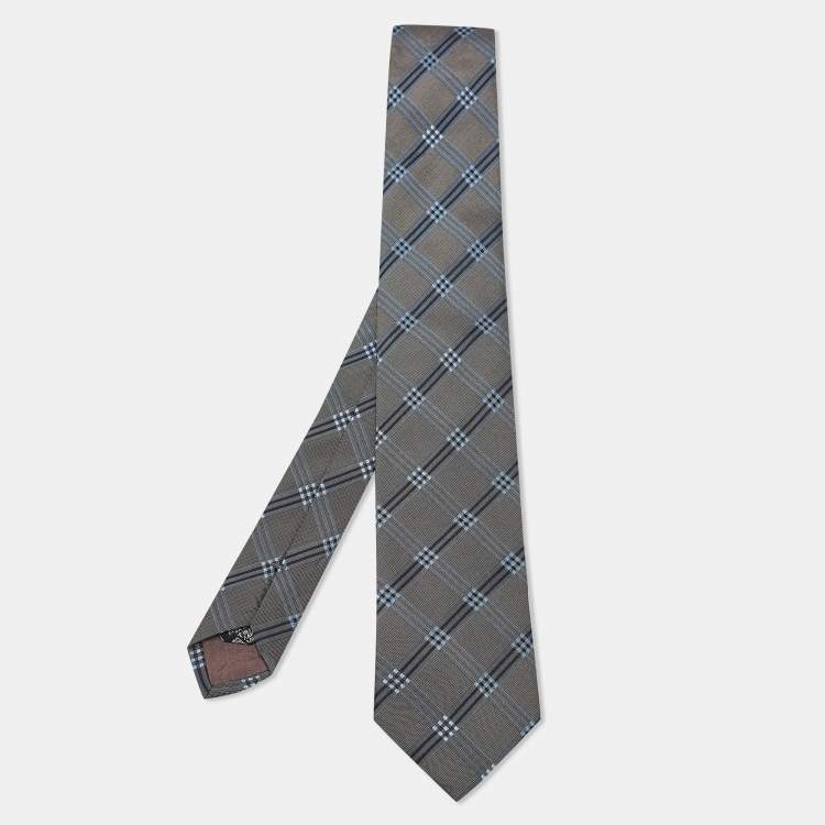 Pre Owned Boss By Hugo Boss Grey/Blue Checked Silk Tie