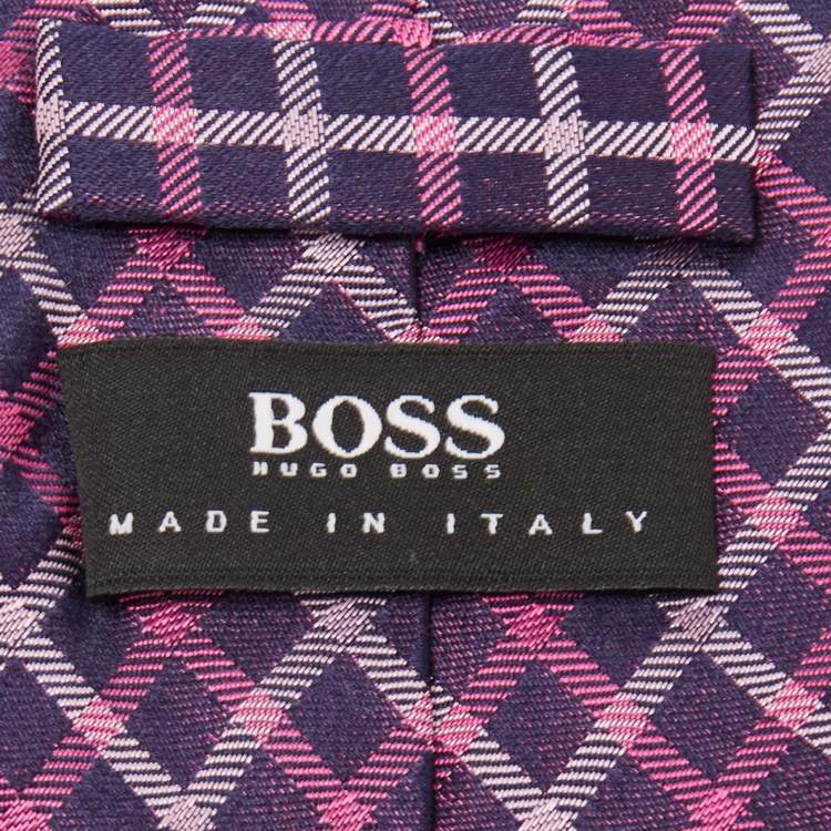 Pre Owned Boss by Hugo Boss Purple/Pink Check Patterned Silk Tie