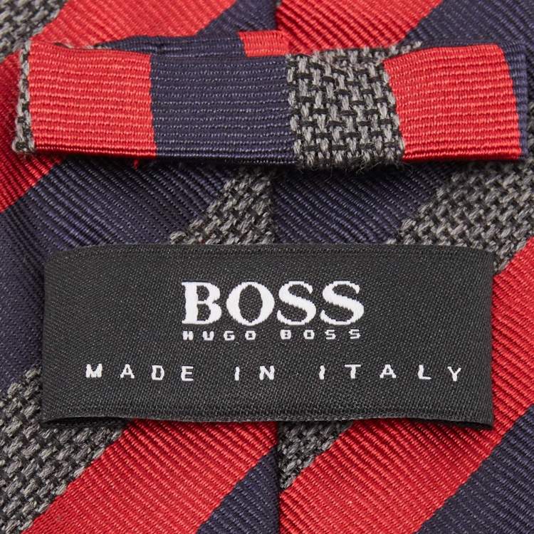 Pre Owned Boss By Hugo Boss Red/Navy Diagonal Striped Silk Tie