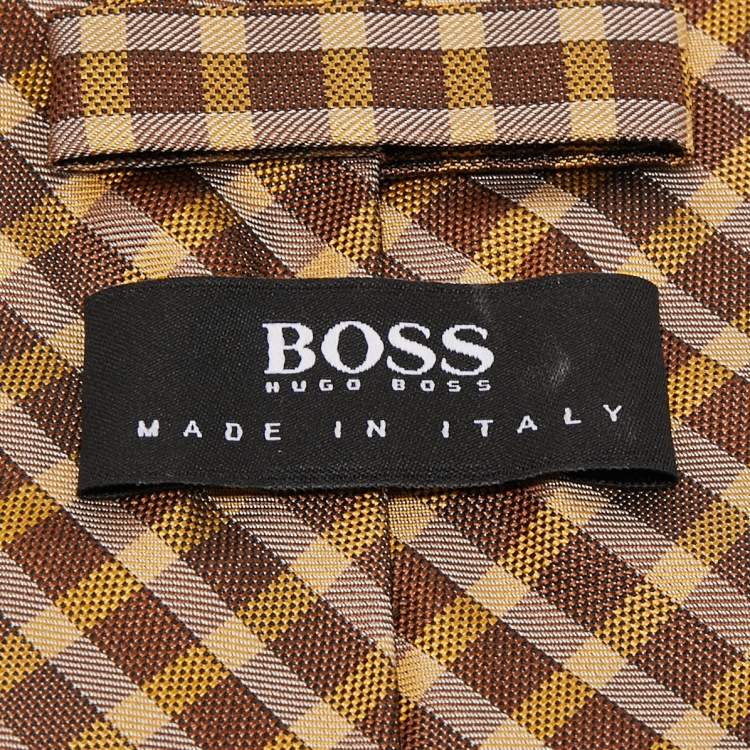 Pre Owned Boss by Hugo Boss Brown/Yellow Check Patterned Silk Tie