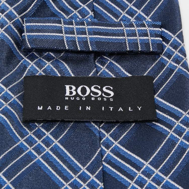 Pre Owned Boss  by Hugo Boss Navy Blue Check Patterned Silk Tie