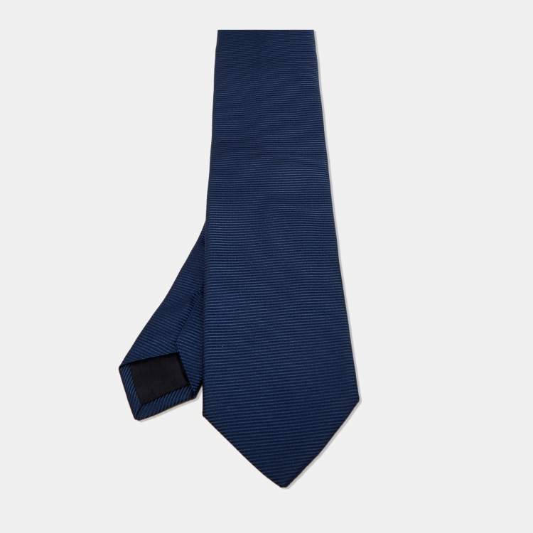 Pre Owned Boss By Hugo Boss Navy Blue Striped Silk Satin Tie