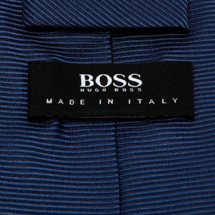 Pre Owned Boss By Hugo Boss Navy Blue Striped Silk Satin Tie
