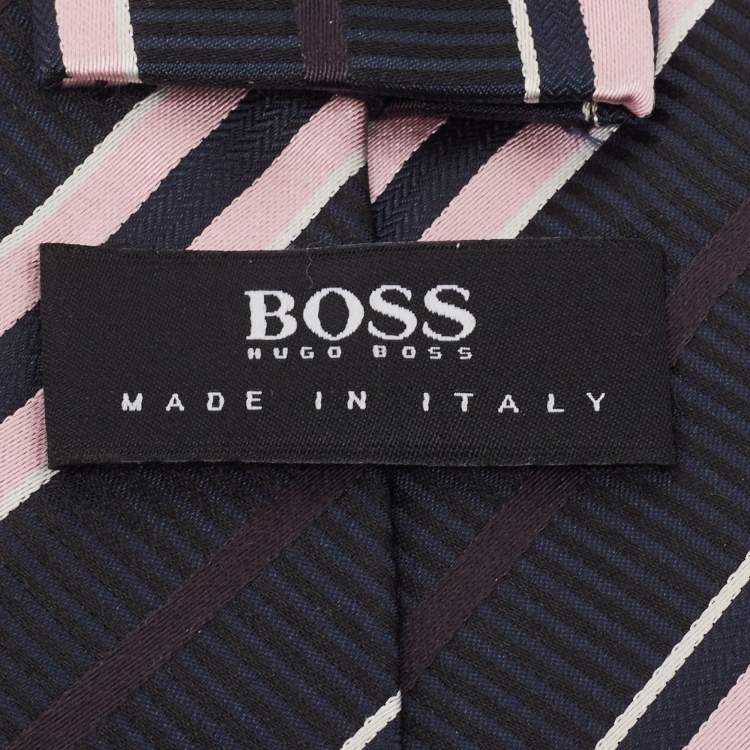 Pre Owned Boss By Hugo Boss Black/Pink Diagonal Striped Silk Tie