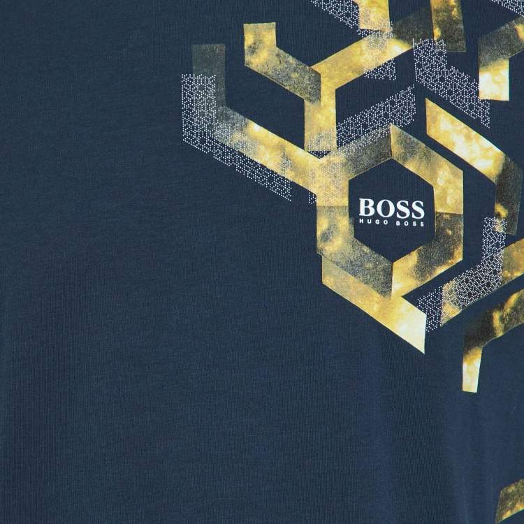 Pre Owned Boss By Hugo Boss Green Midnight Blue Printed Cotton Tee 6 T-Shirt M
