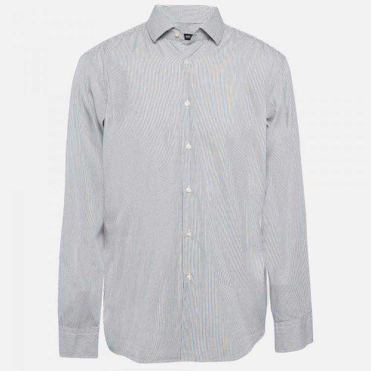 Pre Owned Boss By Hugo Boss Blue Pinstripe Cotton Button Up Shirt XXL